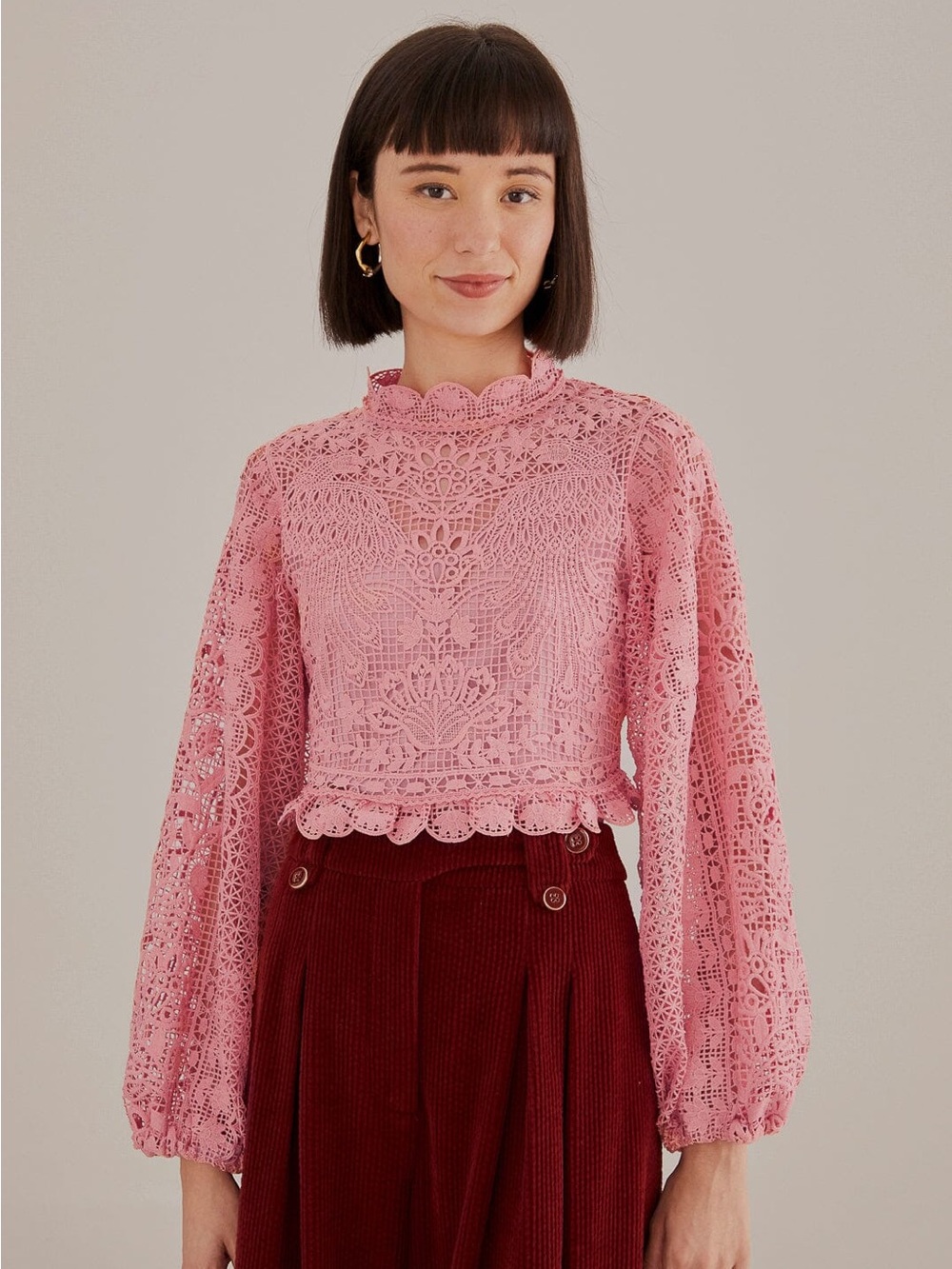 Farm Rio Blush Pink Guipure Long Sleeve Blouse
